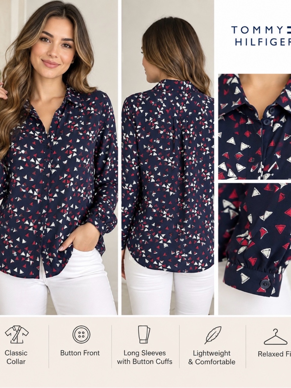 Tommy Hilfiger Women’s Navy Sailboat Print Button Down Blouse Size L/G